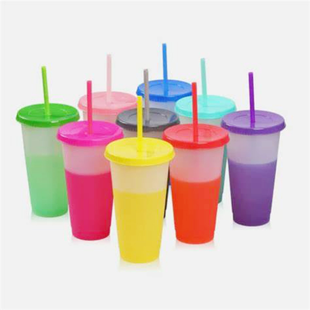 Custom Plastic Cup Reusable 24 oz Temperature Color Changing Cups Bubble Tea Cup With Straws