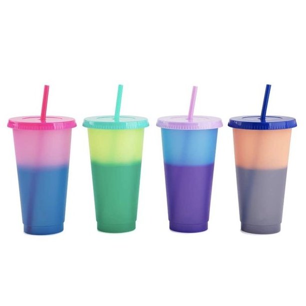 Custom Plastic Cup Reusable 24 oz Temperature Color Changing Cups Bubble Tea Cup With Straws