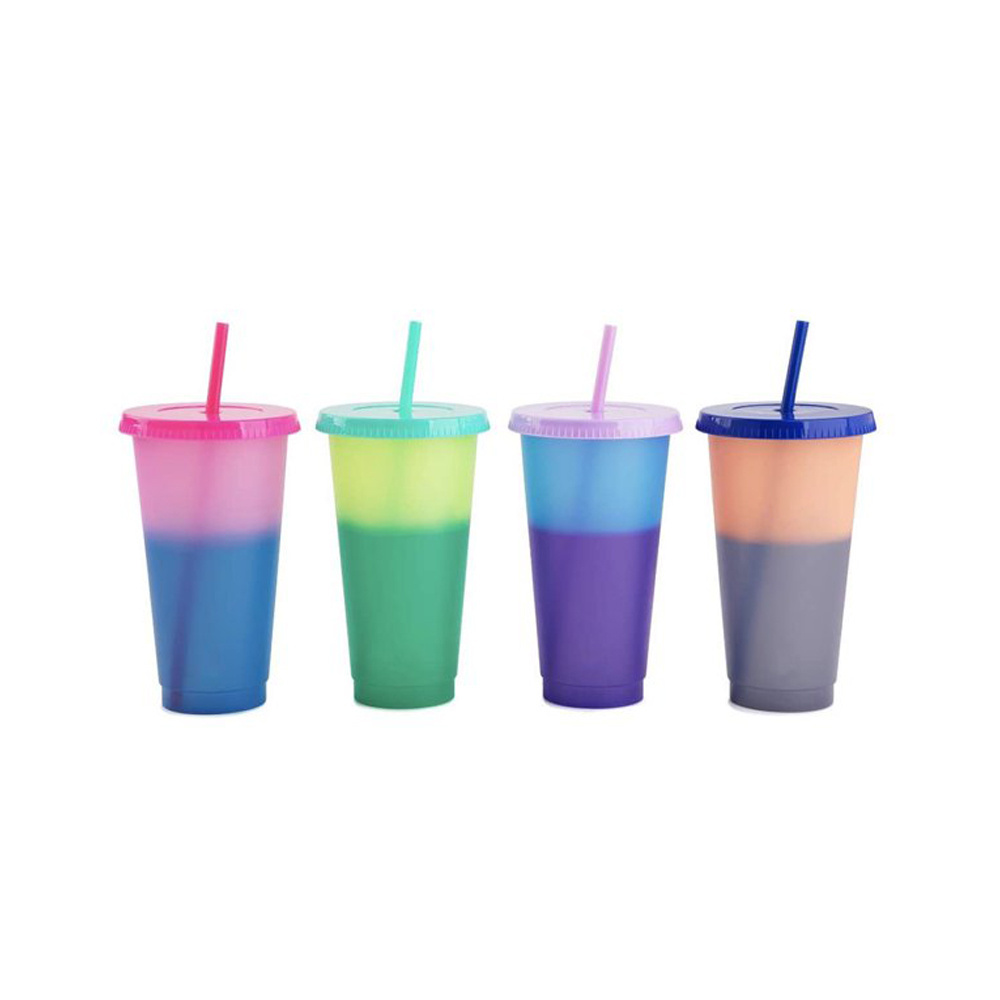 Custom Plastic Cup Reusable 24 oz Temperature Color Changing Cups Bubble Tea Cup With Straws