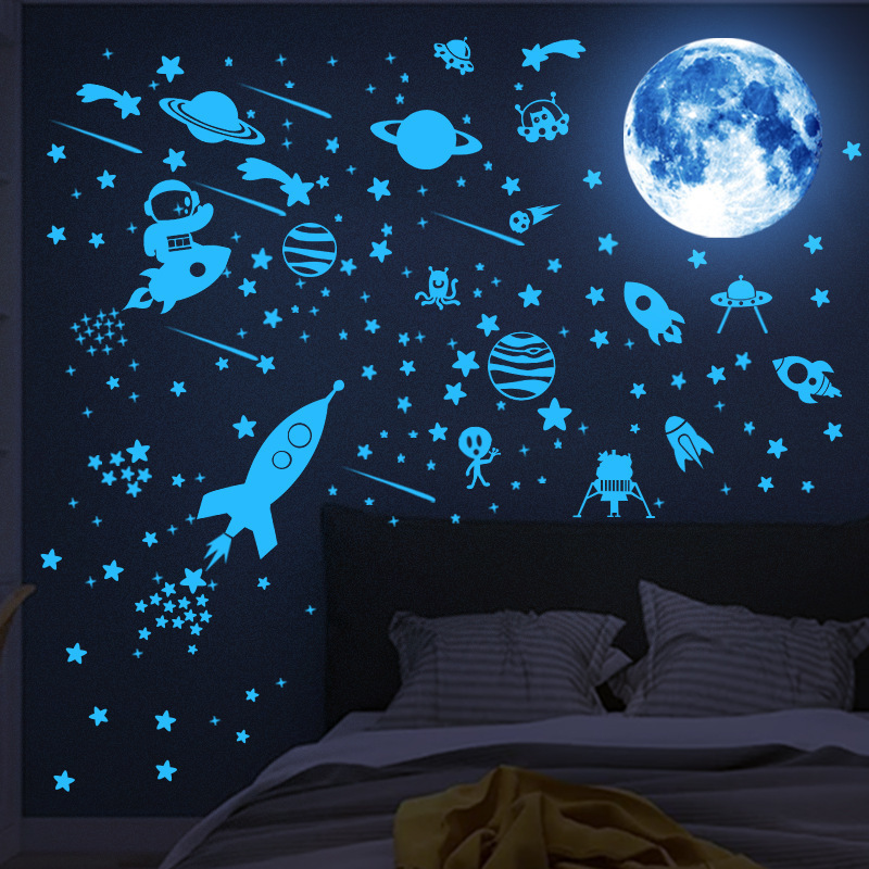 China factory sticker custom wall decoration adhesive luminous stickers set 3D moon stars PVC wall stickers