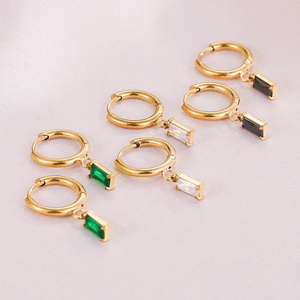 Waterproof Anti Allergy Dainty 14K Gold Plated Colored Cubic Zircon Dangle Drop Hoop Stainless Steel Huggies Earrings Women