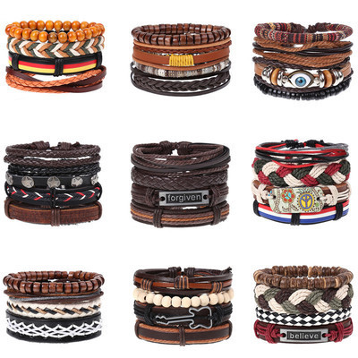 Wholesale Vintage Black Bead Bracelets Fashion Hollow Triangle Leather Bracelet Bangles Multi layer Tribal Wrap Jewelry For Men