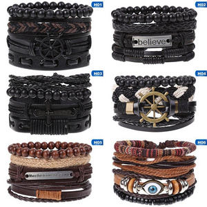 Wholesale Vintage Black Bead Bracelets Fashion Hollow Triangle Leather Bracelet Bangles Multi layer Tribal Wrap Jewelry For Men