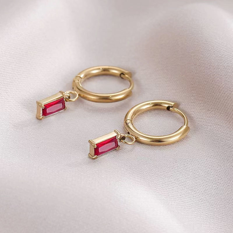 Waterproof Anti Allergy Dainty 14K Gold Plated Colored Cubic Zircon Dangle Drop Hoop Stainless Steel Huggies Earrings Women