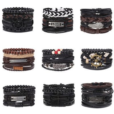 Wholesale Vintage Black Bead Bracelets Fashion Hollow Triangle Leather Bracelet Bangles Multi layer Tribal Wrap Jewelry For Men