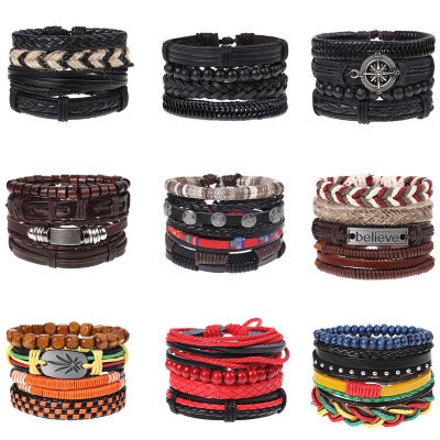 Wholesale Vintage Black Bead Bracelets Fashion Hollow Triangle Leather Bracelet Bangles Multi layer Tribal Wrap Jewelry For Men