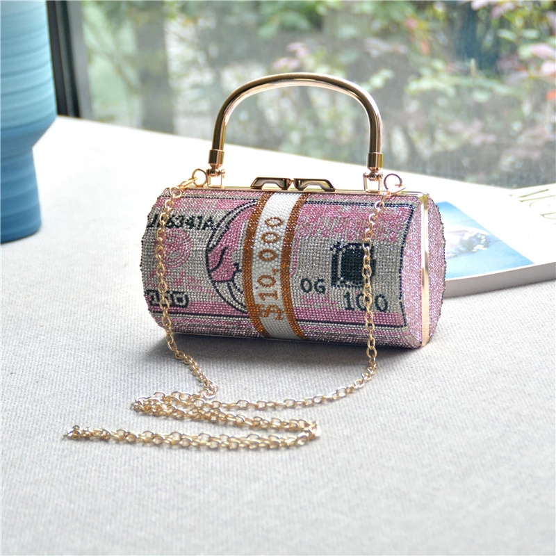 Money Clutch Rhinestone Purse 10000 Dollars Stack of Cash Evening Handbags Shoulder Wedding Dinner Bag 8 Color