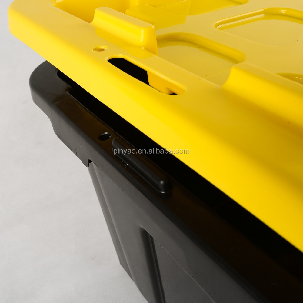 27 Gallon Black Body Yellow Lid Plastic Storage Tote Bin Box