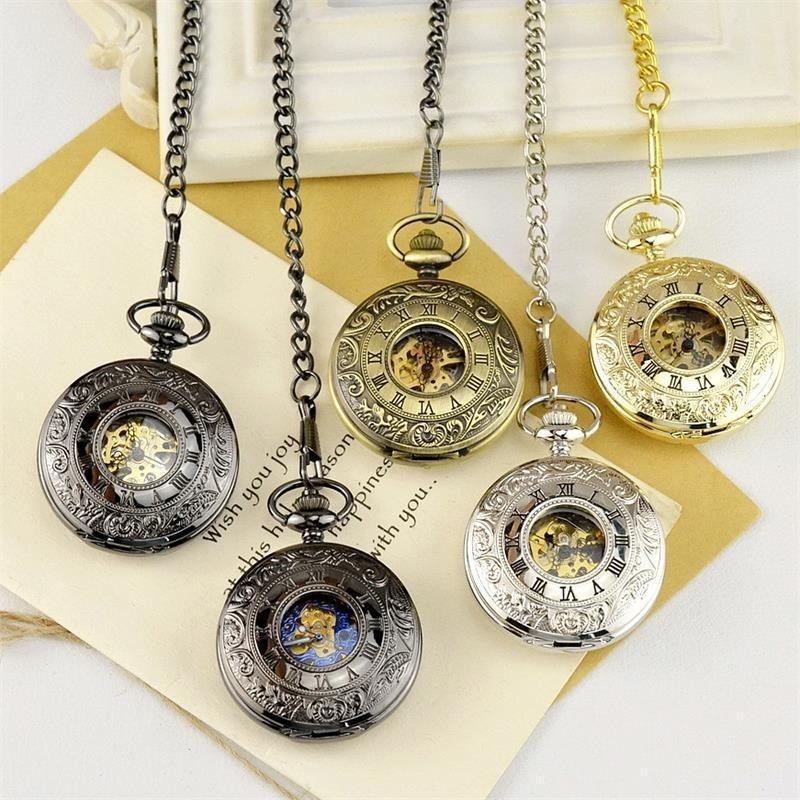 Vintage Style Double Engraved Skeleton Dial Retro Mens Mechanical Pocket Watch with Chain