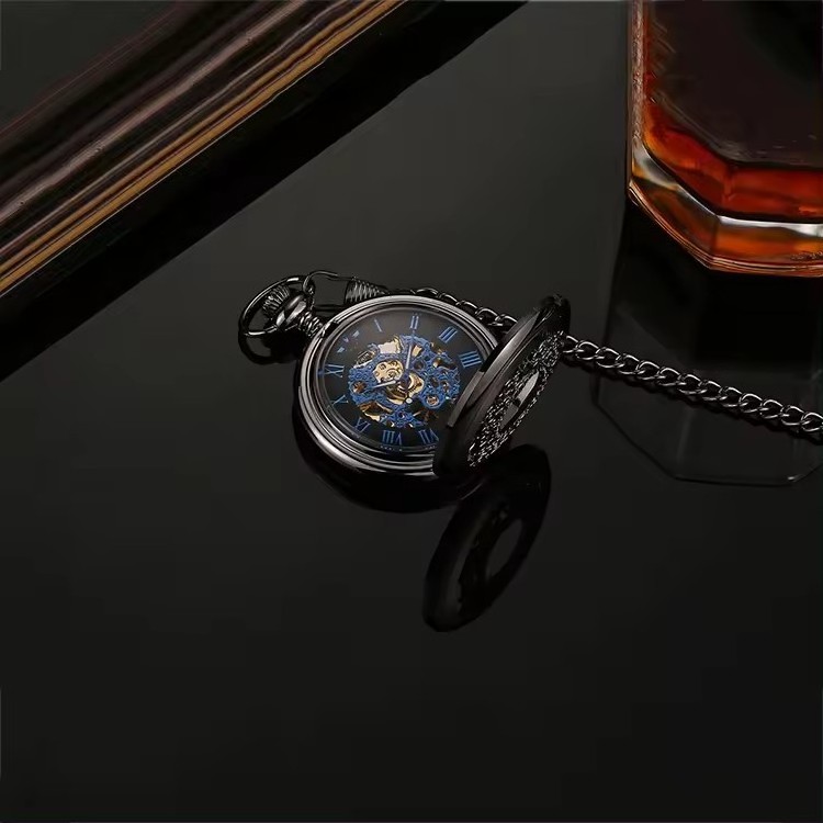 Vintage Style Double Engraved Skeleton Dial Retro Mens Mechanical Pocket Watch with Chain