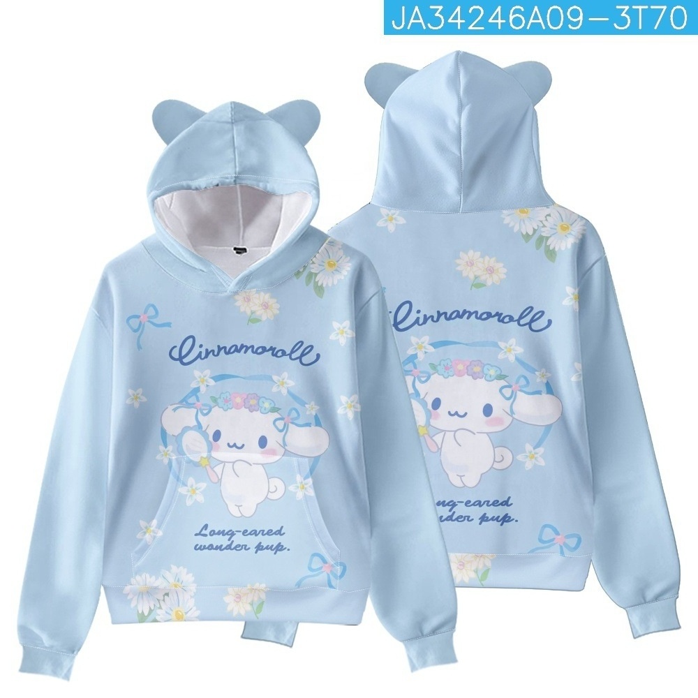 Kawaii Sanrio Cinnamoroll Long Sleeve Sweater Anime Printed Cute Cat Ears Hooded Top Casual Warm Woman Sweatshirt Girls Gift