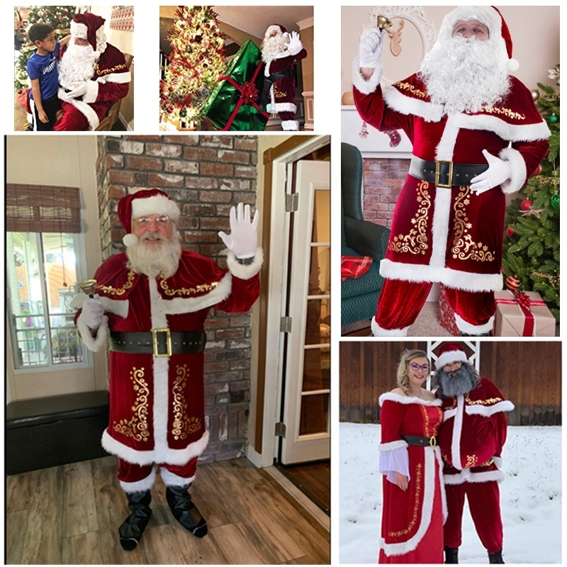 12pcs Set Velvet Santa Claus Costume for Man Women Xmas Santa Claus Suit Xmas Cosplay Fancy Xmas Party Costume Christmas Cosplay