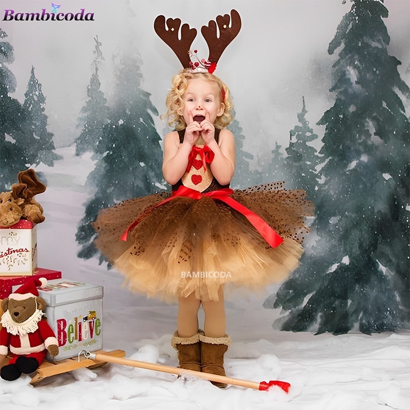 Girl's Deer Tutu Dress with Headband Kids Christmas and Carnival Princess Elk Reindeer Outfit for New Year Halloween Costume