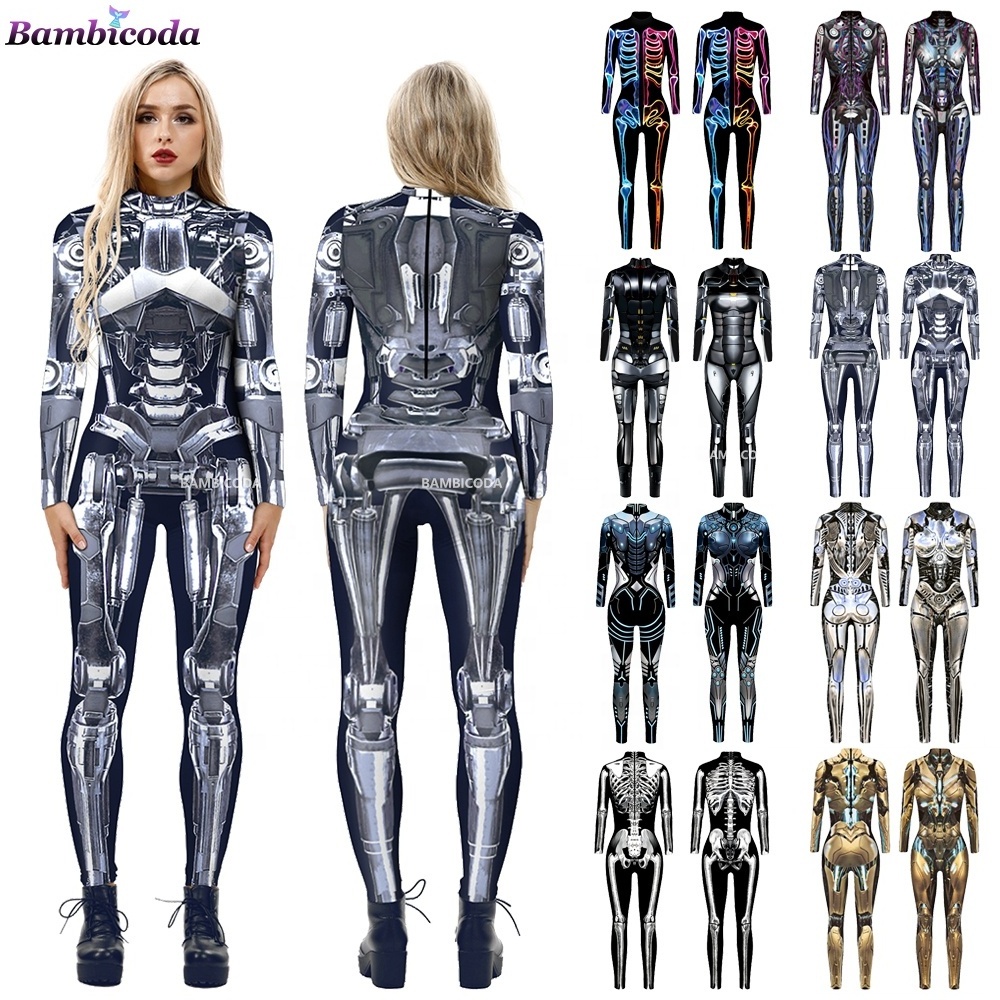 Zentai Women Sexy Slim Jumpsuit Cosplay Costume Halloween Party 3D Printing Catsuit Robot Bodysuit Cyberpunk Fancy Clothing