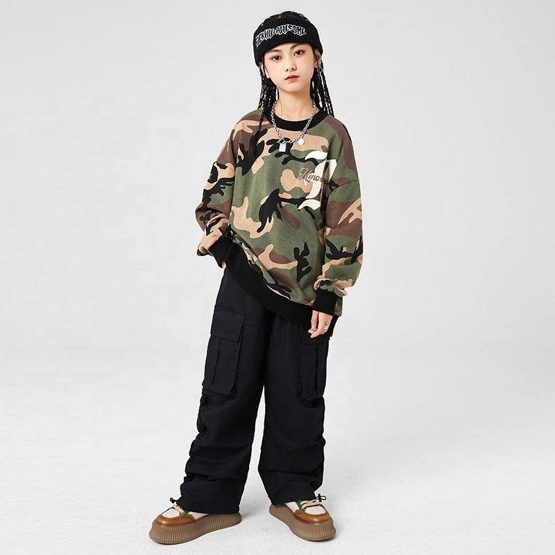 Kids Stage Hip Hop Clothing Camo Long Sleeve T Shirt Tops Black Jogger Cargo Pants For Girls Teenager Jazz Dance Costume Clothes