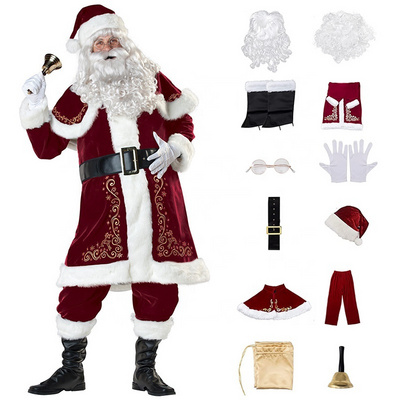 12pcs Set Velvet Santa Claus Costume for Man Women Xmas Santa Claus Suit Xmas Cosplay Fancy Xmas Party Costume Christmas Cosplay