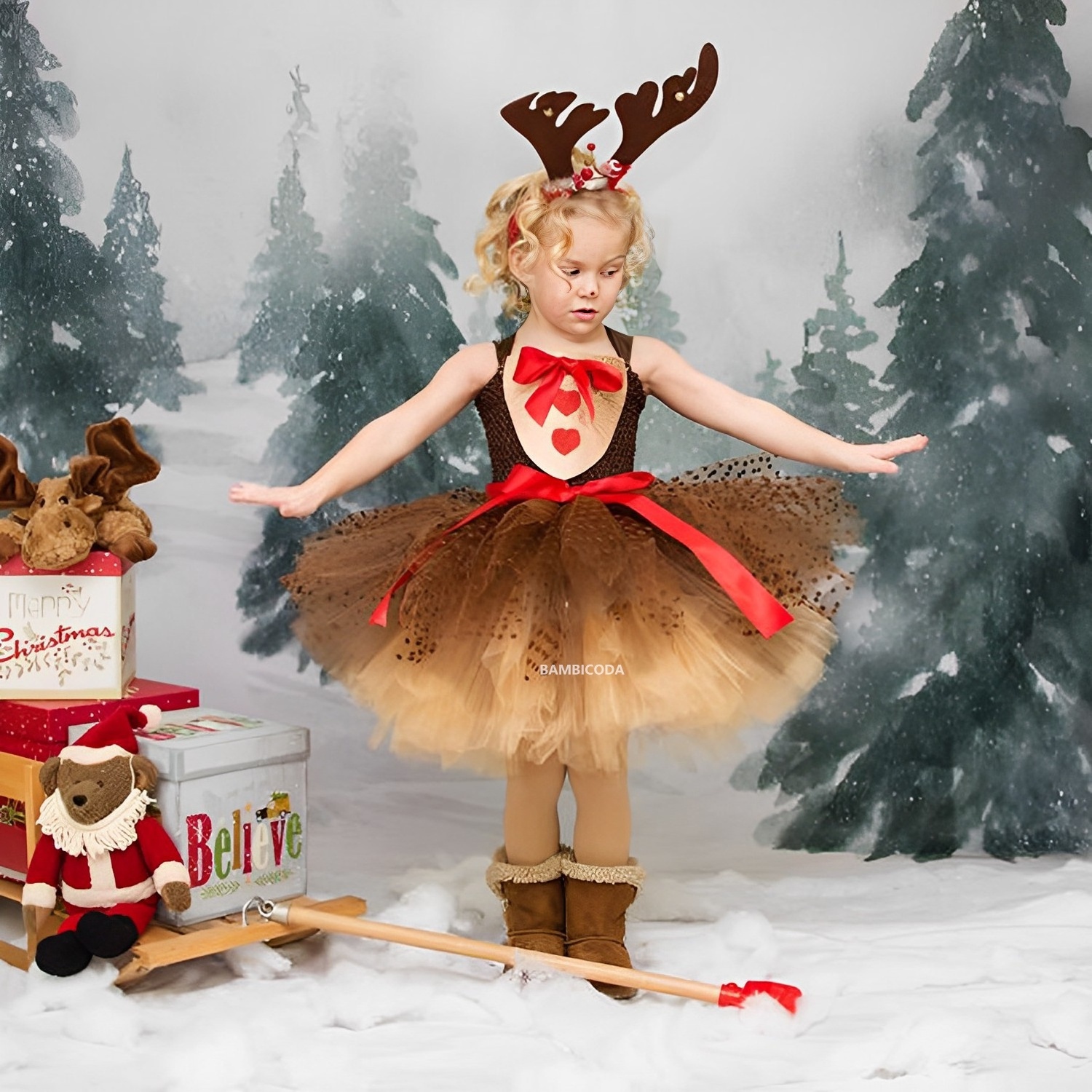 Girl's Deer Tutu Dress with Headband Kids Christmas and Carnival Princess Elk Reindeer Outfit for New Year Halloween Costume