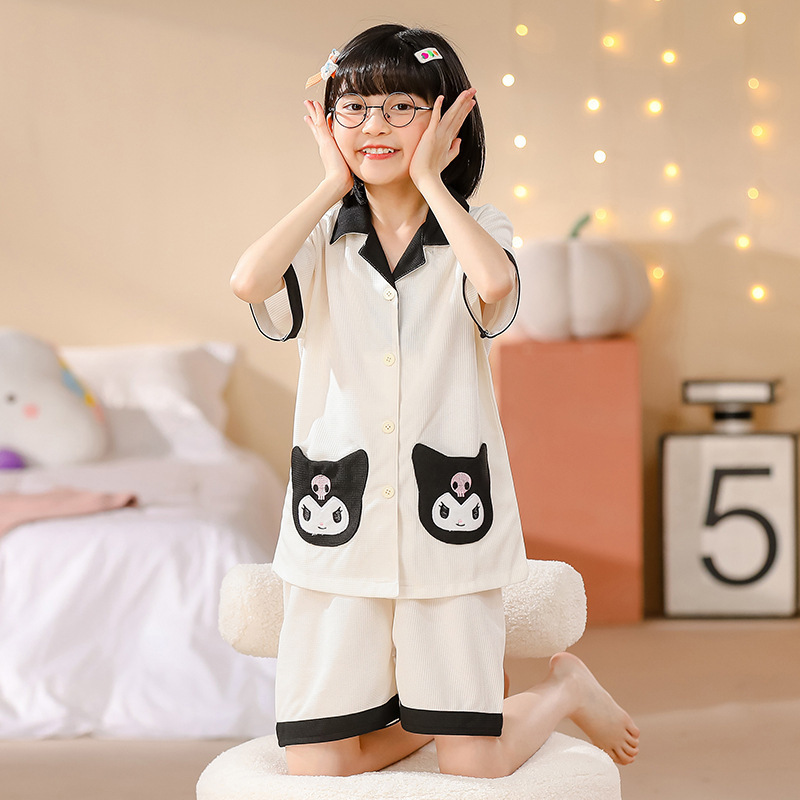 Kawaii Sanrios Children's Pajamas Summer Short Sleeve Shorts Cute Anime MyMelody Kuromi Girls Cardigan Cotton Homewear Set