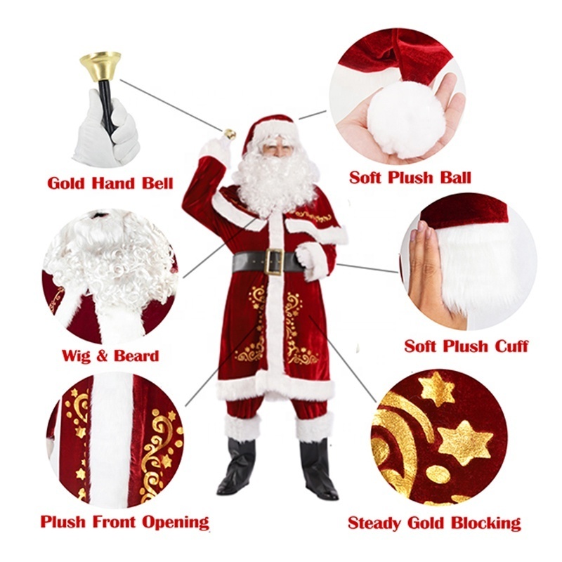 12pcs Set Velvet Santa Claus Costume for Man Women Xmas Santa Claus Suit Xmas Cosplay Fancy Xmas Party Costume Christmas Cosplay