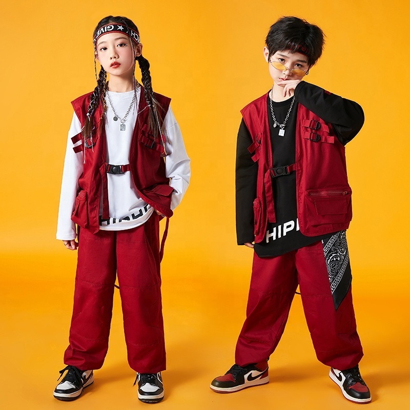 Kids Show Hip Hop Clothing Shirt Tactical Vest Top Casual Street Wear Cargo Jogger Pant For Girl Boys Jazz Dance Costume Clothes