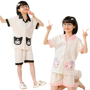 Kawaii Sanrios Children's Pajamas Summer Short Sleeve Shorts Cute Anime MyMelody Kuromi Girls Cardigan Cotton Homewear Set