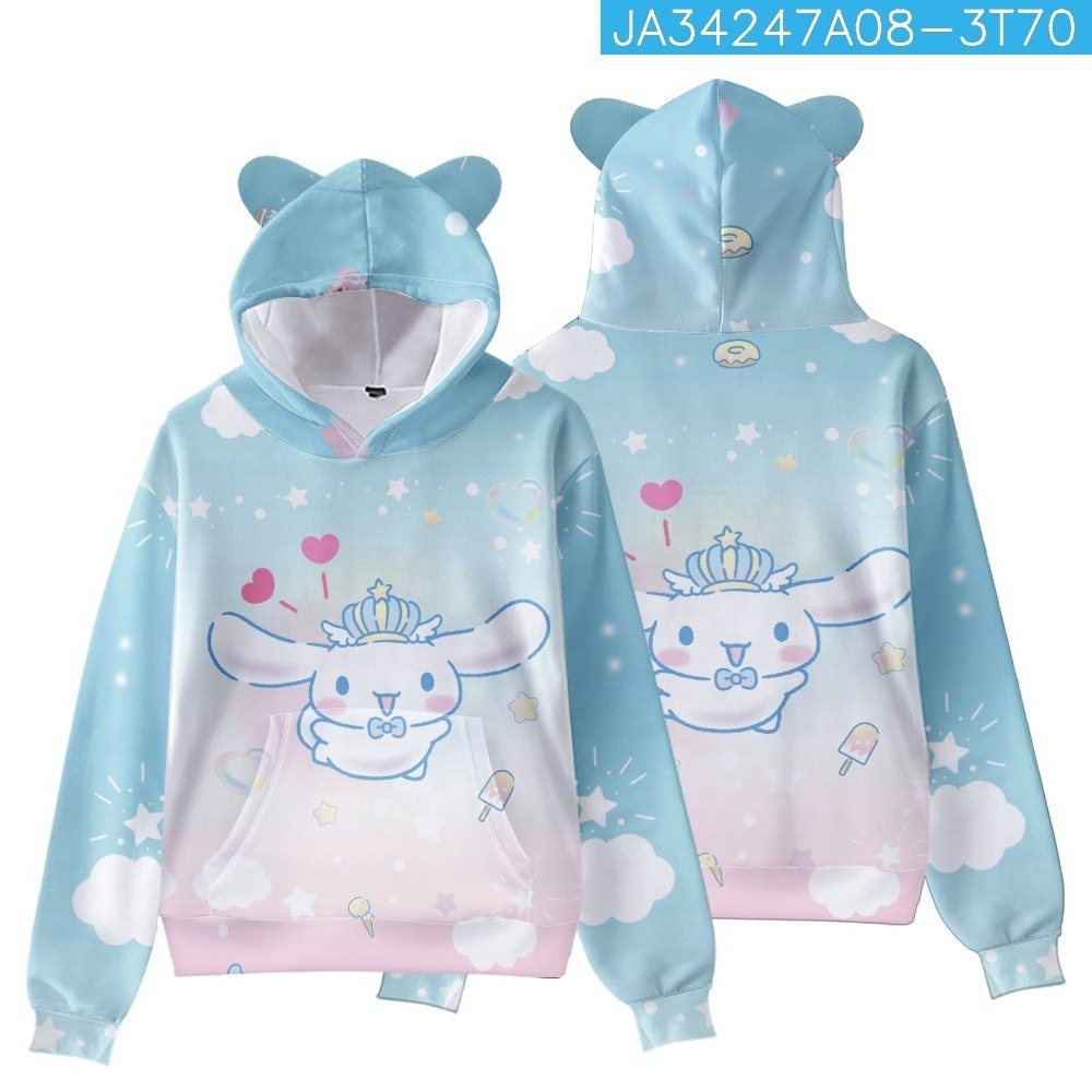 Kawaii Sanrio Cinnamoroll Long Sleeve Sweater Anime Printed Cute Cat Ears Hooded Top Casual Warm Woman Sweatshirt Girls Gift