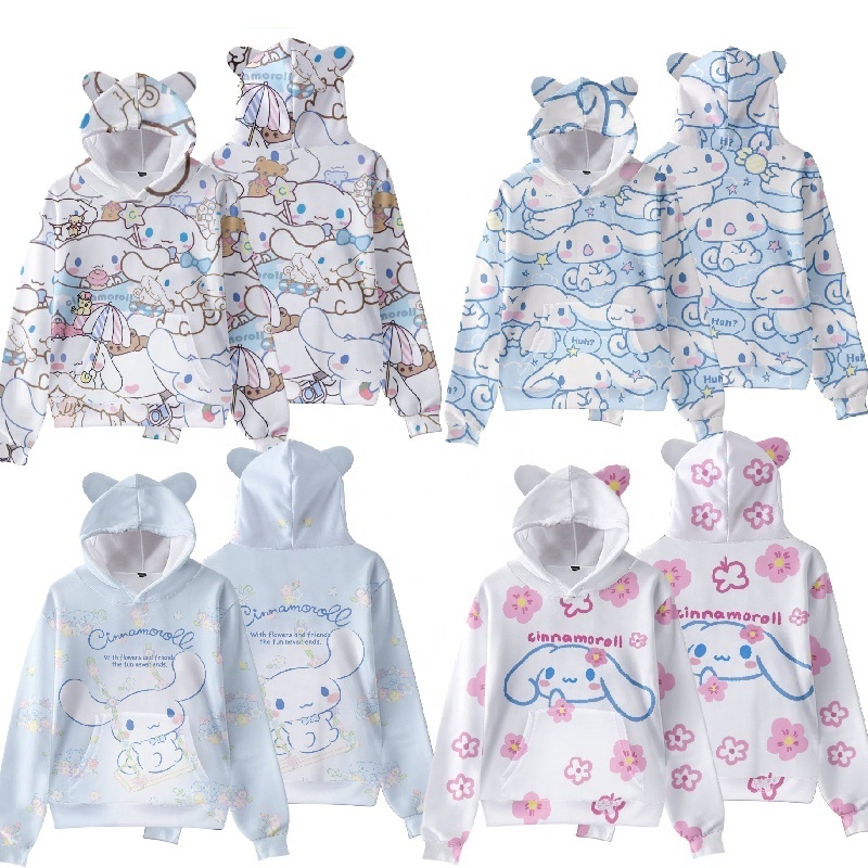 Kawaii Sanrio Cinnamoroll Long Sleeve Sweater Anime Printed Cute Cat Ears Hooded Top Casual Warm Woman Sweatshirt Girls Gift