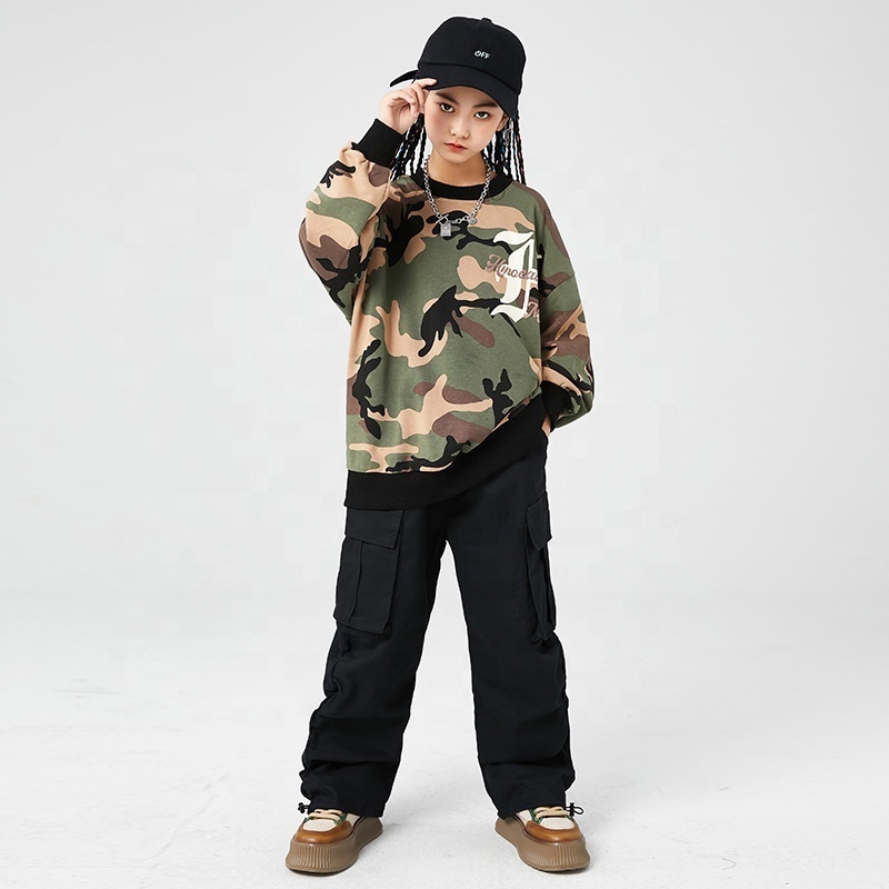 Kids Stage Hip Hop Clothing Camo Long Sleeve T Shirt Tops Black Jogger Cargo Pants For Girls Teenager Jazz Dance Costume Clothes