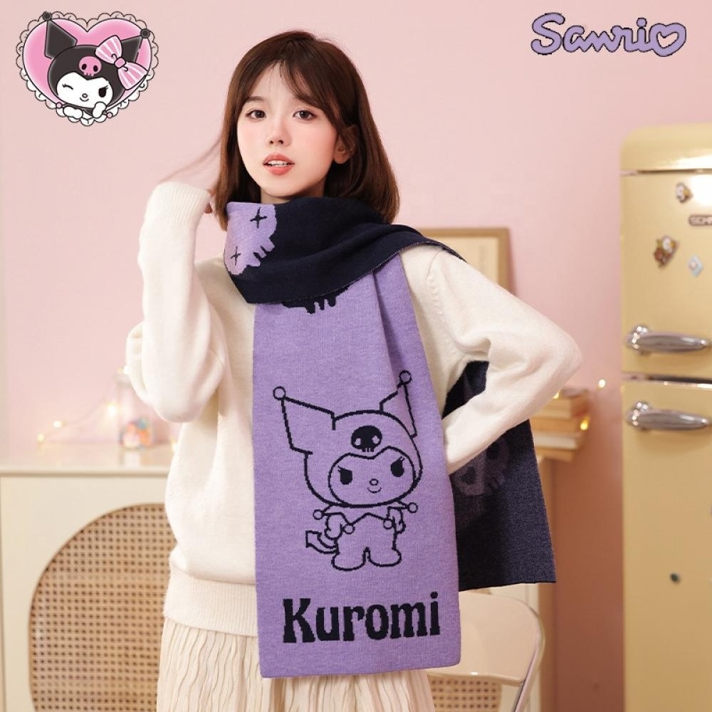 Sanrio Kuromi Kawaii Winter Scarf Thicken Soft Keep Warm Plush Scarf Set for Sweet Girl Students and Anime Fans