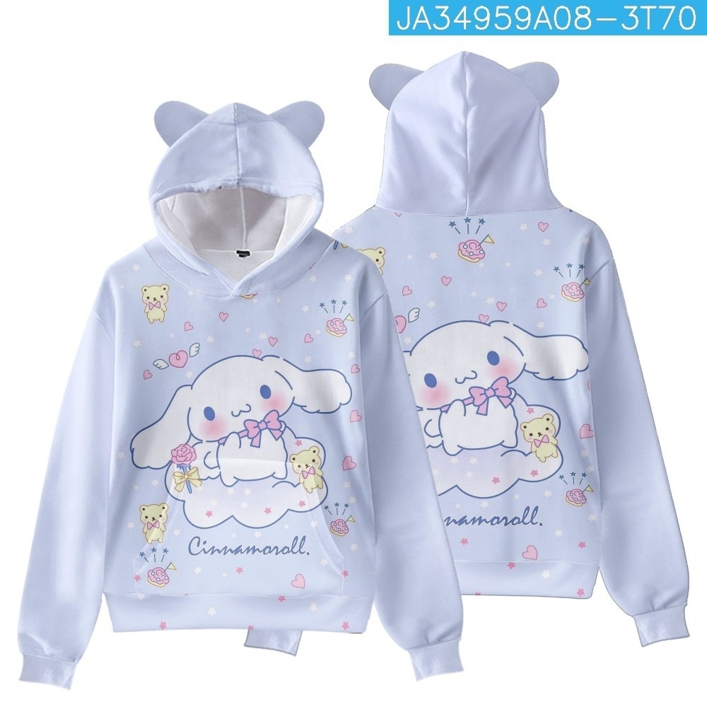 Kawaii Sanrio Cinnamoroll Long Sleeve Sweater Anime Printed Cute Cat Ears Hooded Top Casual Warm Woman Sweatshirt Girls Gift