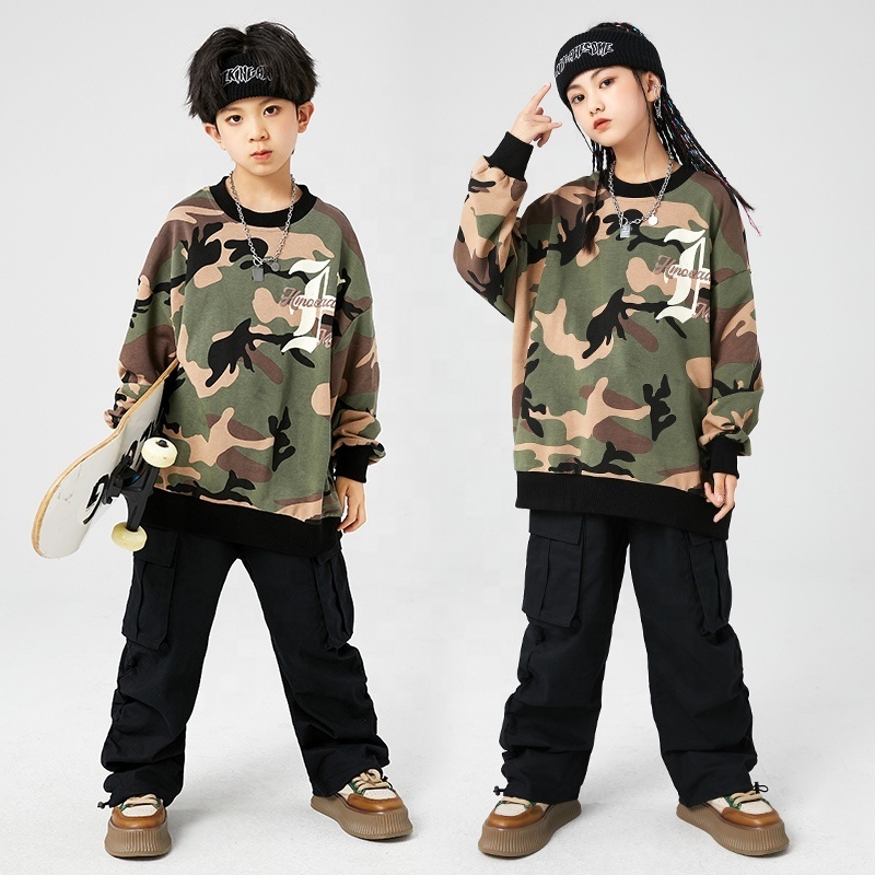 Kids Stage Hip Hop Clothing Camo Long Sleeve T Shirt Tops Black Jogger Cargo Pants For Girls Teenager Jazz Dance Costume Clothes