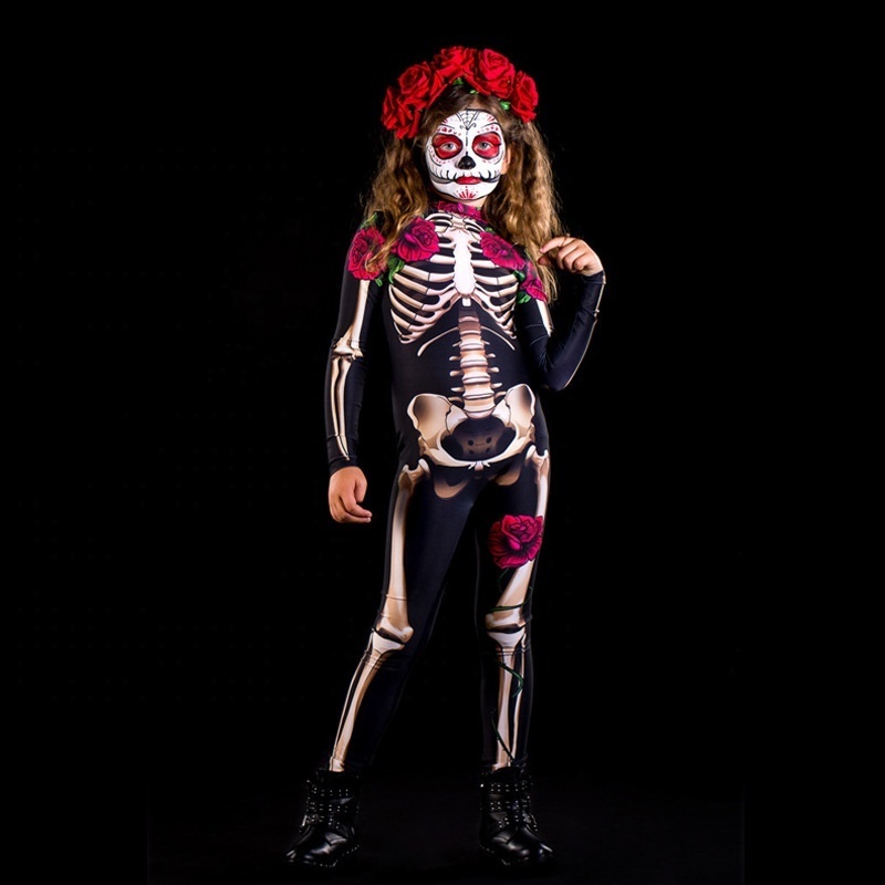 Adult Sexy Women Scary Ghost Costume Rose Skeleton Halloween Sexy Devil  Jumpsuit Kids Baby Girl Carnival Party Day of The Dead