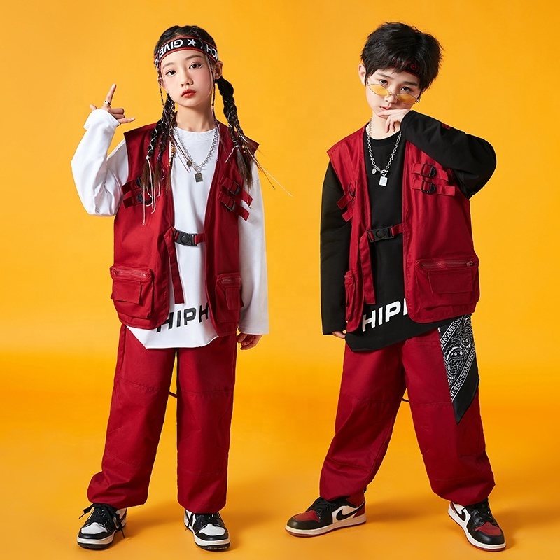 Kids Show Hip Hop Clothing Shirt Tactical Vest Top Casual Street Wear Cargo Jogger Pant For Girl Boys Jazz Dance Costume Clothes