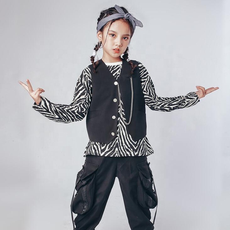 Kids Hip Hop dancing Clothing Waistcoat Sleeveless Jacket Zebra Shirt Top Vest Tactical Crago Pants for Girl Boy Dance Costume