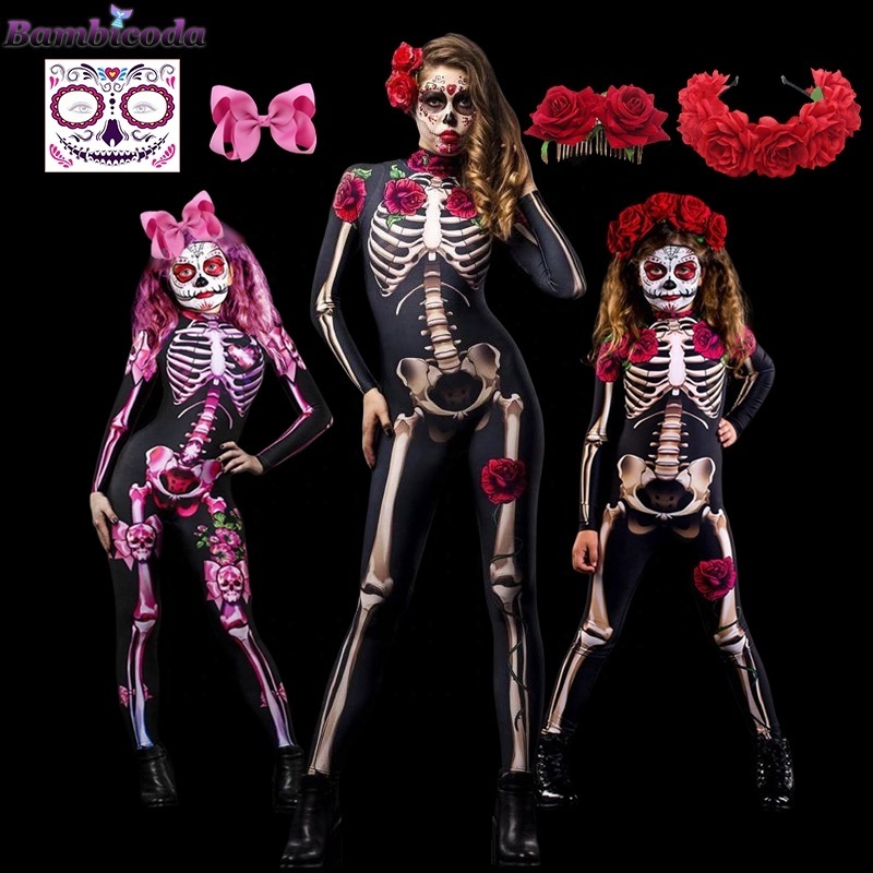 Adult Sexy Women Scary Ghost Costume Rose Skeleton Halloween Sexy Devil  Jumpsuit Kids Baby Girl Carnival Party Day of The Dead