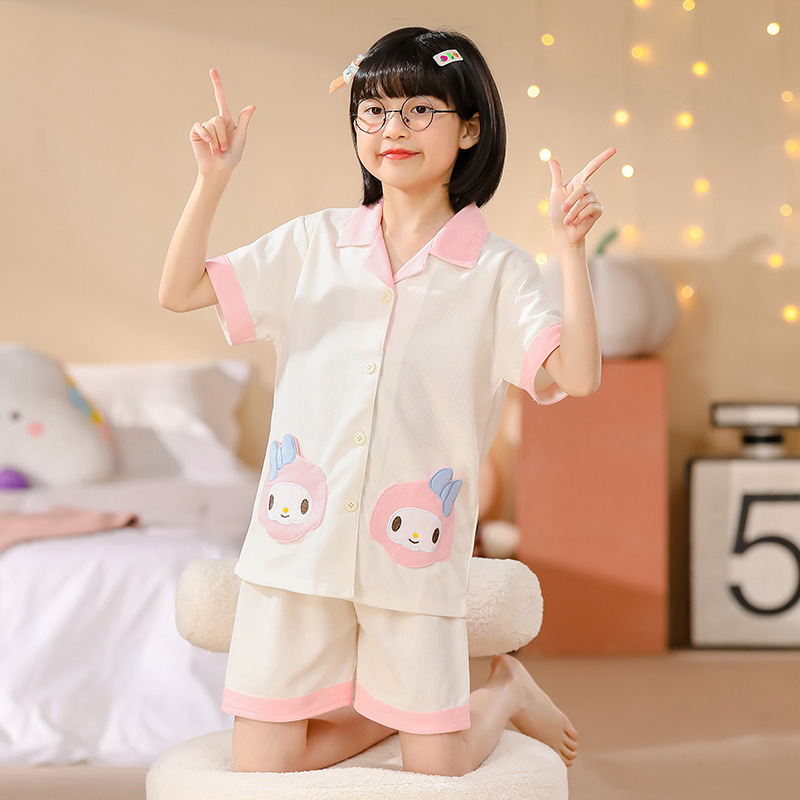 Kawaii Sanrios Children's Pajamas Summer Short Sleeve Shorts Cute Anime MyMelody Kuromi Girls Cardigan Cotton Homewear Set