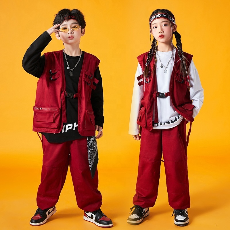 Kids Show Hip Hop Clothing Shirt Tactical Vest Top Casual Street Wear Cargo Jogger Pant For Girl Boys Jazz Dance Costume Clothes