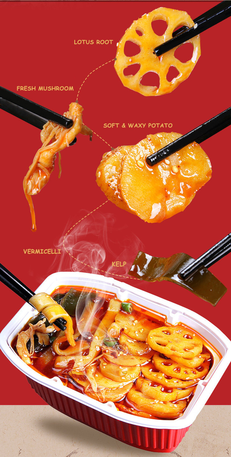 Fast food spicy hotpot noodles instant vegetarian spicy noodles factory price self heating hot pot OEM