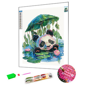 Diamond Painting Supplier Panda Under The Lotus Umbrella DIY Animal Painting Full Round Diamond With AB Drill For Kids Or Adults