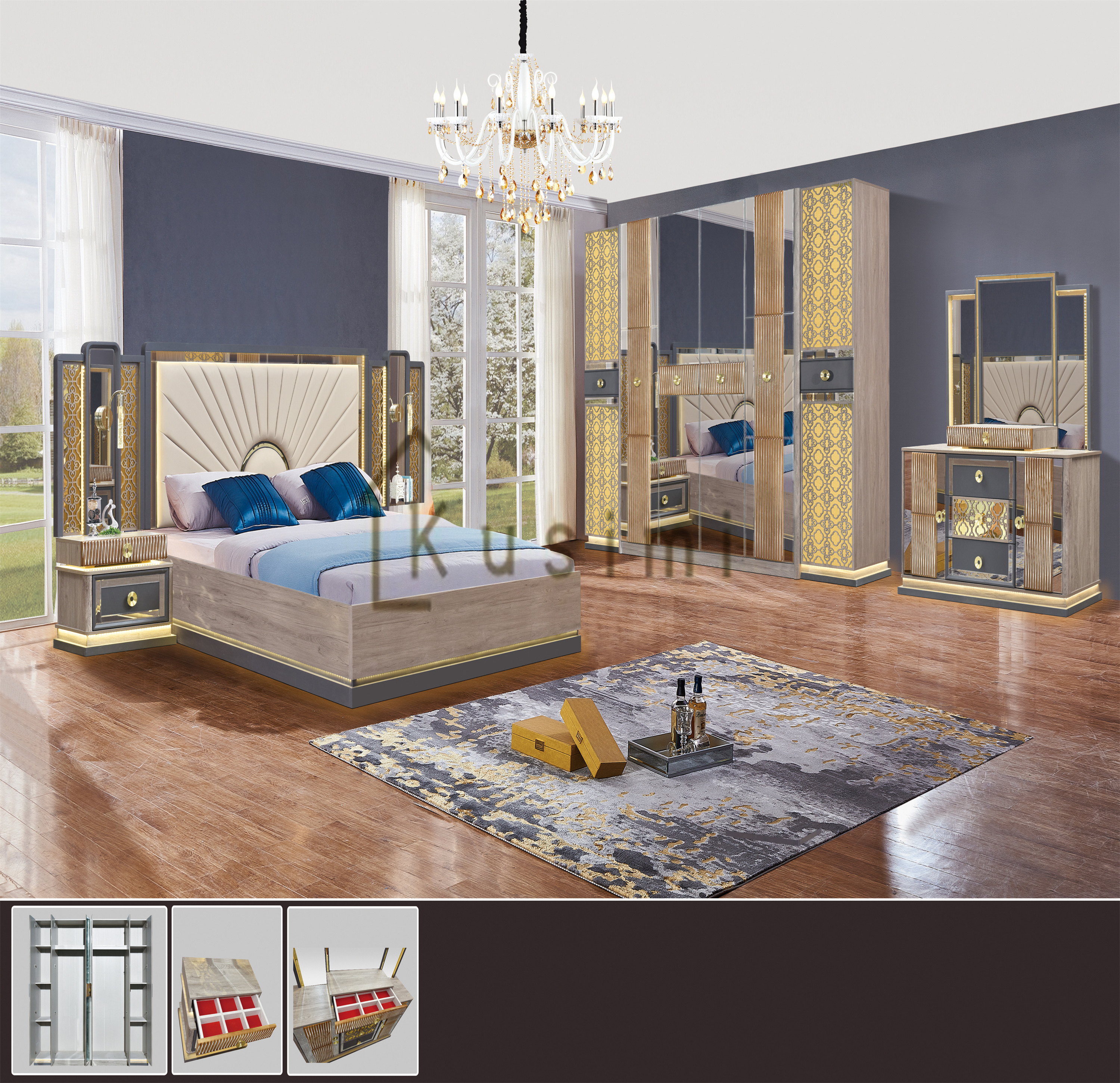 Cheap Price Modern Style Painted MDF Mirrored Glass Bedroom Set