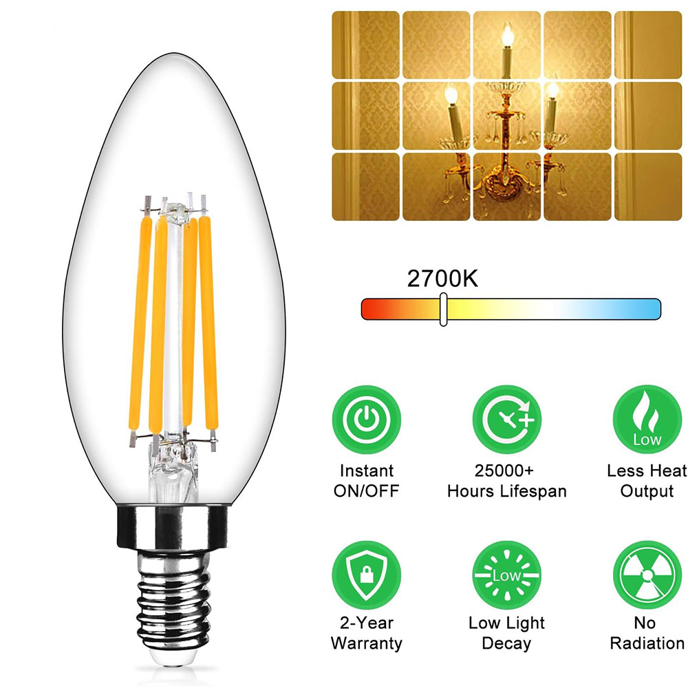 Daylight White for 4000K  5000K no Flicker E12 LED  Bulbs C35 B10 Candelabra Base candle led filament bulb