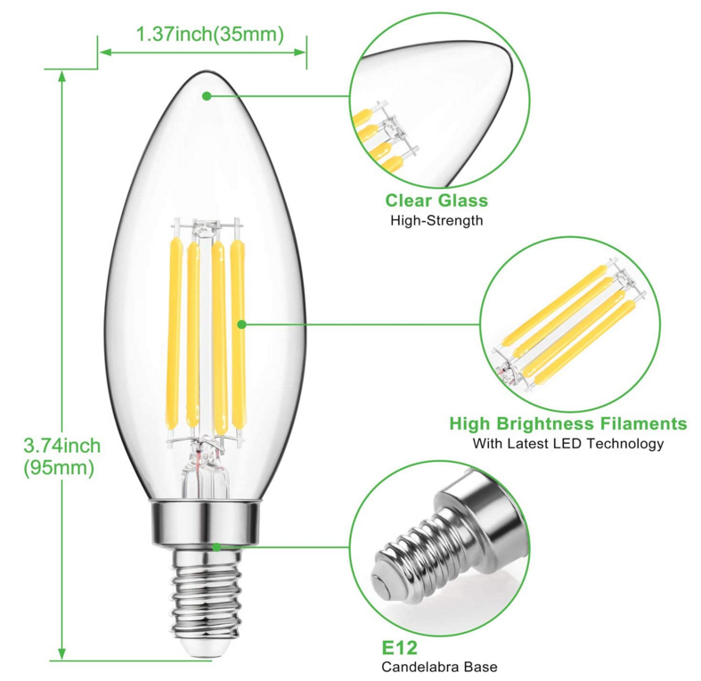 Daylight White for 4000K  5000K no Flicker E12 LED  Bulbs C35 B10 Candelabra Base candle led filament bulb