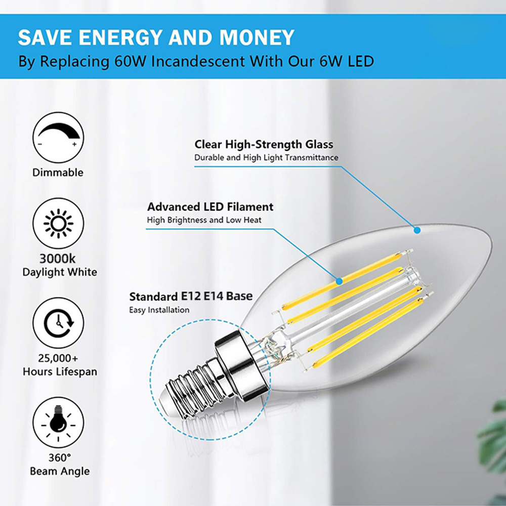 Daylight White for 4000K  5000K no Flicker E12 LED  Bulbs C35 B10 Candelabra Base candle led filament bulb