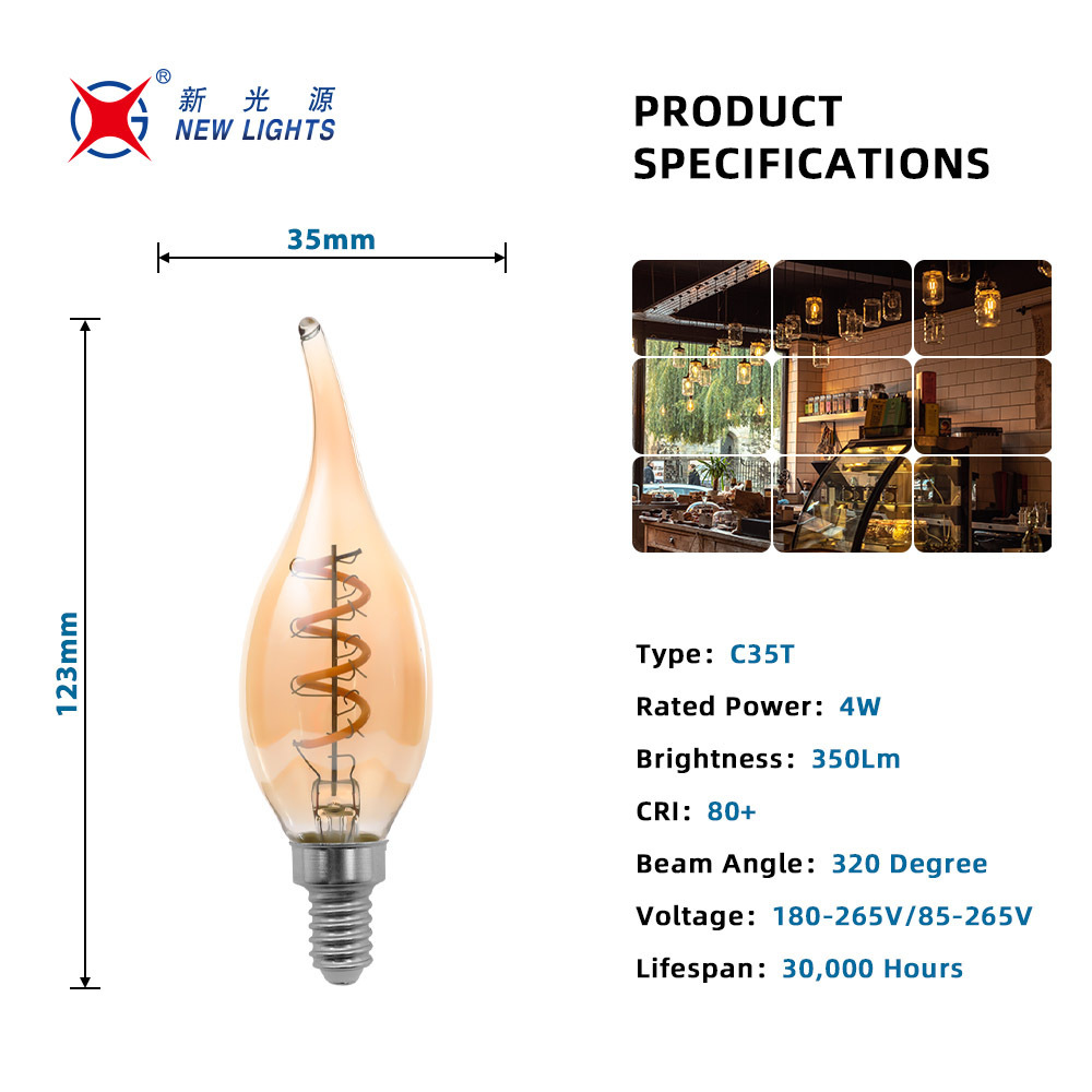 2W 4W No Flicker LC Dimmable E27 E14 Base candle flexible filament led filament bulb