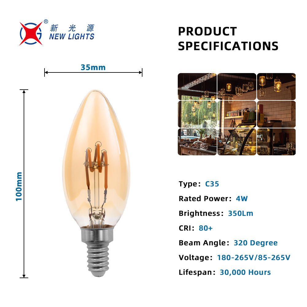 2W 4W No Flicker LC Dimmable E27 E14 Base candle flexible filament led filament bulb