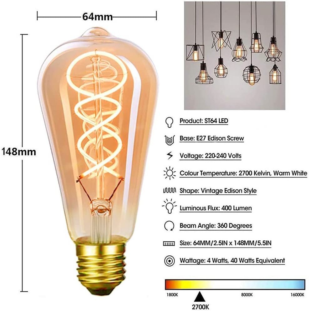 PSE CE UL Dimmable 100V 220V 4W 8W ST64 A60 G80 Globe Bulb Vintage Amber Edison E26 E27 Spiral Flexible Led Filament Bulb