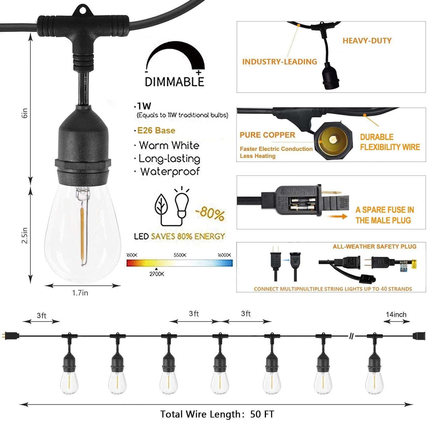 LED Outdoor String Lights 48FT with S14 led filament bulb E26 Shatterproof S14 Bulbs and Commercial Grade