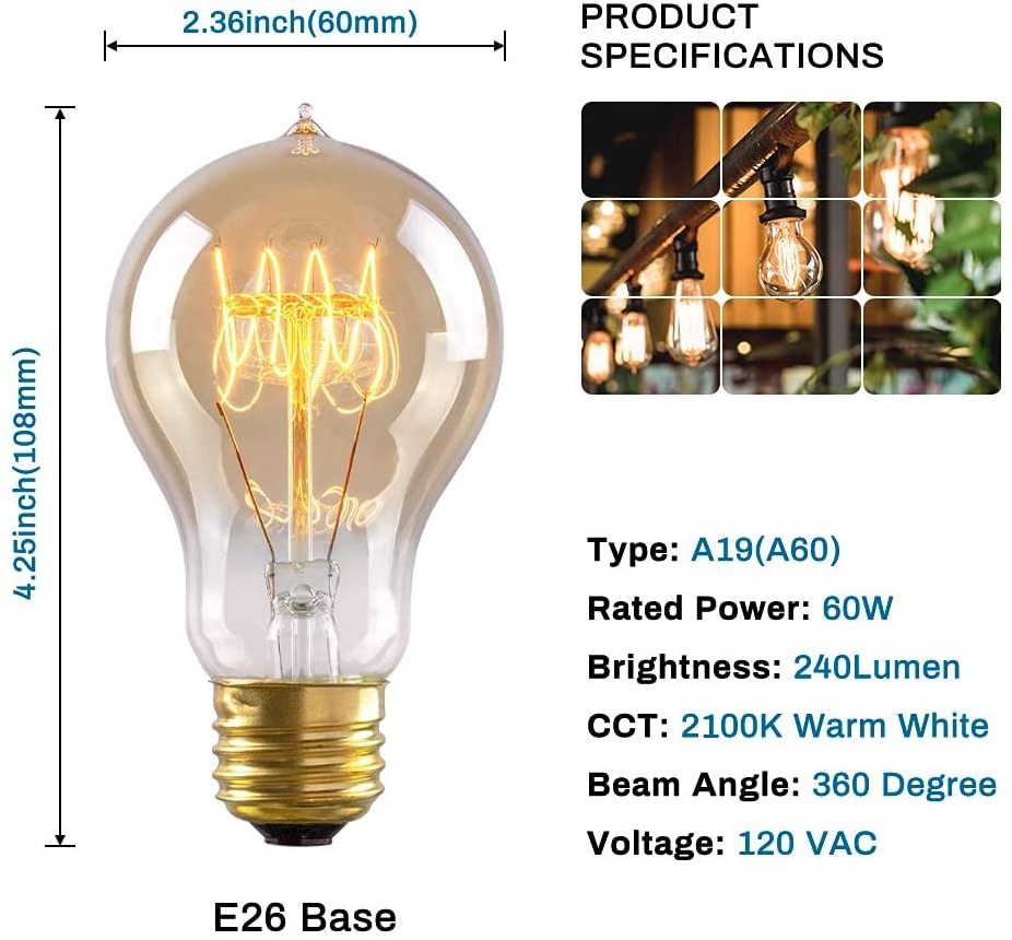 CE ROHS Globe LED Filament Bulb 4W Amber 2200K A60 A19 Soft Filament Bulb Light