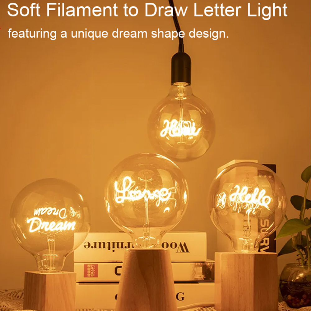 New lights unique design soft led filament with letter of love home happy dream hello cool dance decorative led filament bulb