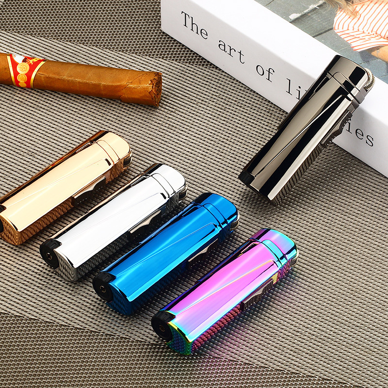 metal refillable butane gas jet refil mini torch valve cigar triple flame lighter with cigar punch puncher